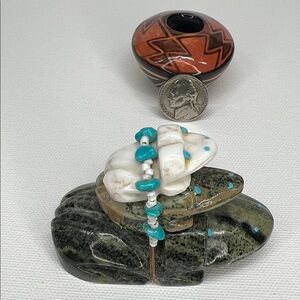 Handcrafted Serpentine Stone triple-Frog Figurine with Turquoise Accents.